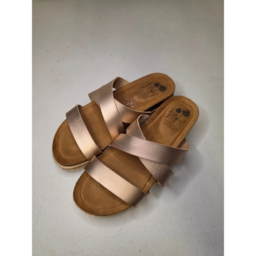 Jellypop Rose Gold Metallic Platform Wedge Sandals Women 8.5 Braided Trim Slide